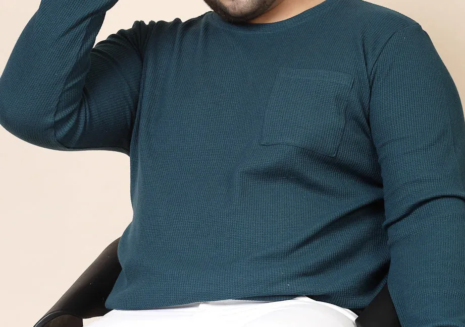 Pocketed Waffle Teal Green Tee with Curved Hem