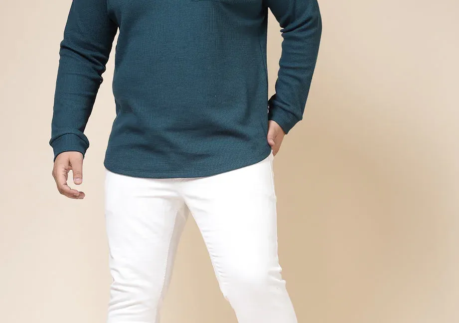 Pocketed Waffle Teal Green Tee with Curved Hem