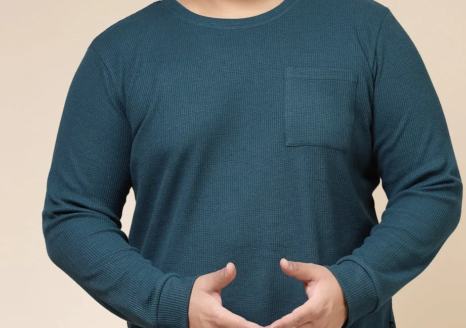 Pocketed Waffle Teal Green Tee with Curved Hem