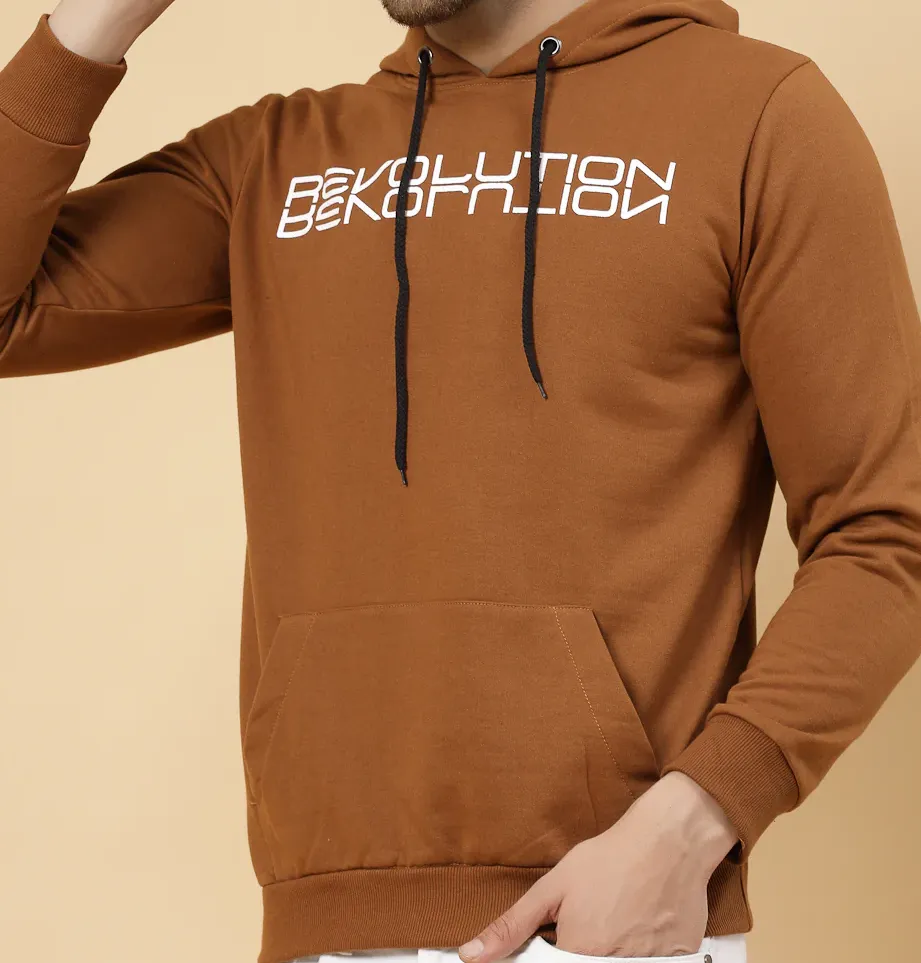 Printed Hooded Fleece Brown Sweatshirt