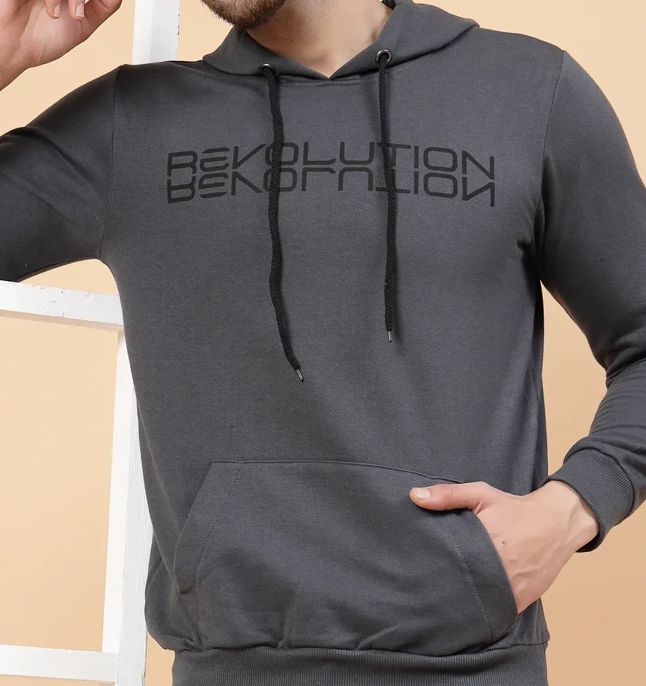 Printed Hooded Fleece Gray Sweatshirt
