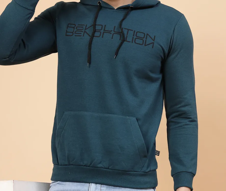 Printed Hooded Fleece Teal Sweatshirt
