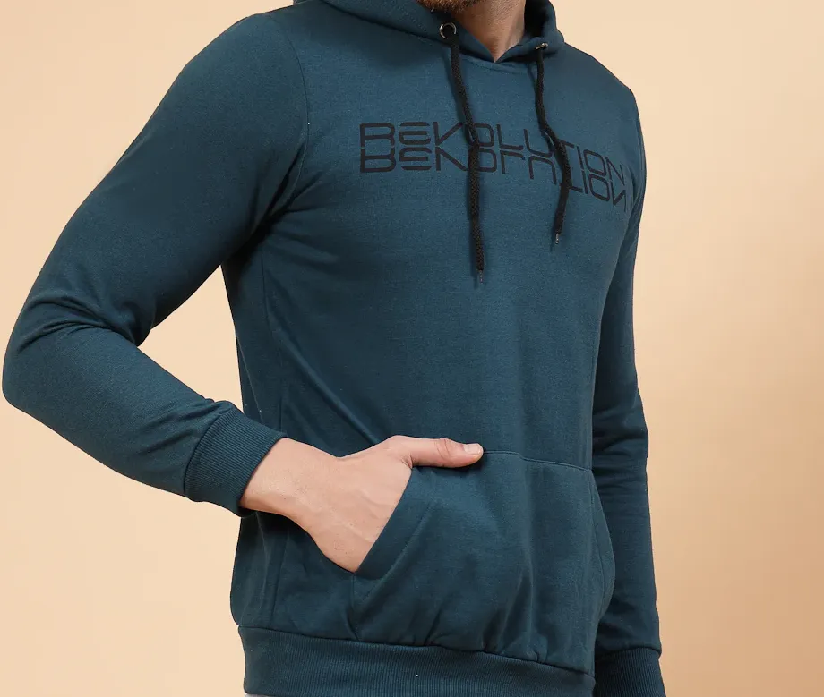 Printed Hooded Fleece Teal Sweatshirt