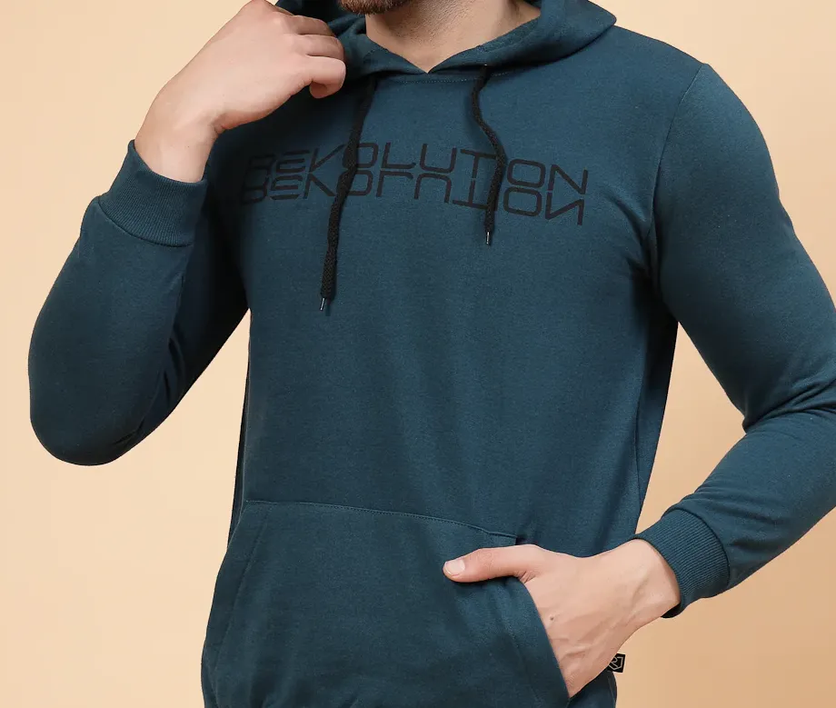 Printed Hooded Fleece Teal Sweatshirt