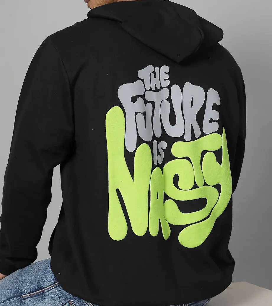 Puff Print Oversized Hooded Pullover Jet Black Sweatshirt