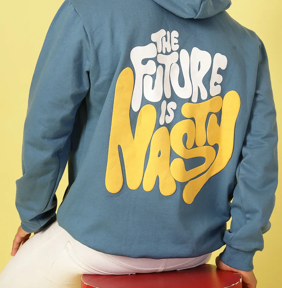 Puff Print Oversized Hooded Pullover Light Blue Sweatshirt