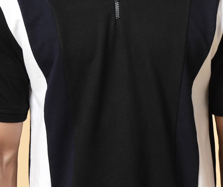 Rigo Men's Contrast Color Block Zipper  Polo T-shirt