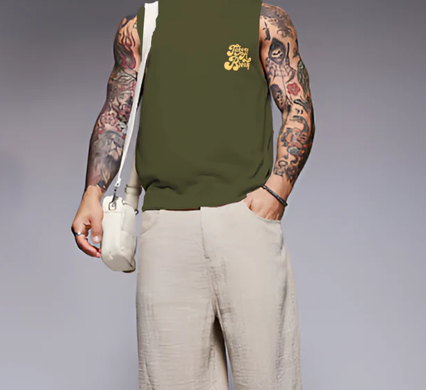 Rigo Men Terry Oversized Printed Olive Green Vest T-shirts
