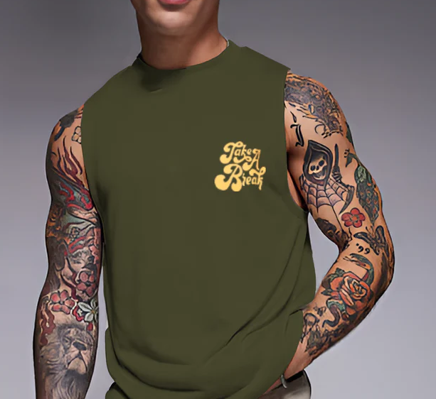 Rigo Men Terry Oversized Printed Olive Green Vest T-shirts