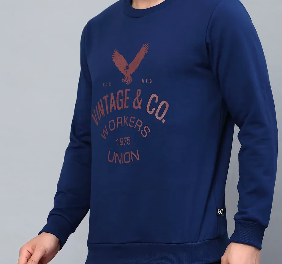Round Neck Full Sleeve Printed Fleece Blue Sweatshirt