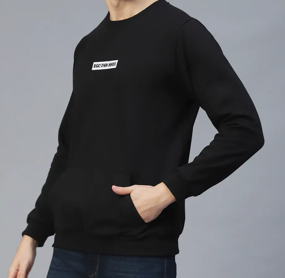 Round Neck Printed Fleece Black Sweatshirt