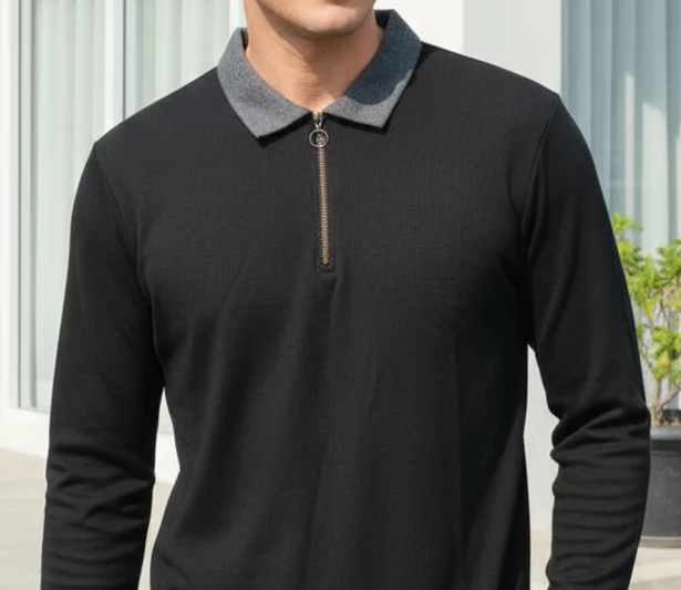 Textured Black Zip Neck Ribbed Polo T-Shirt