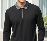 Textured Black Zip Neck Ribbed Polo T-Shirt