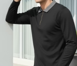 Textured Black Zip Neck Ribbed Polo T-Shirt