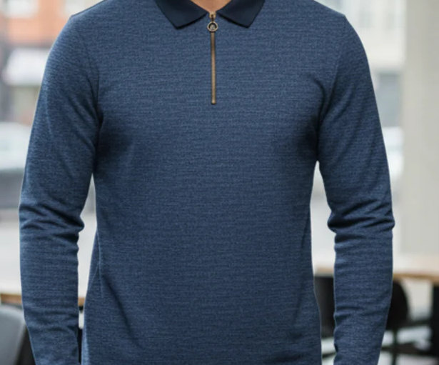 Textured Navy Zip Ribbed Polo T-Shirt