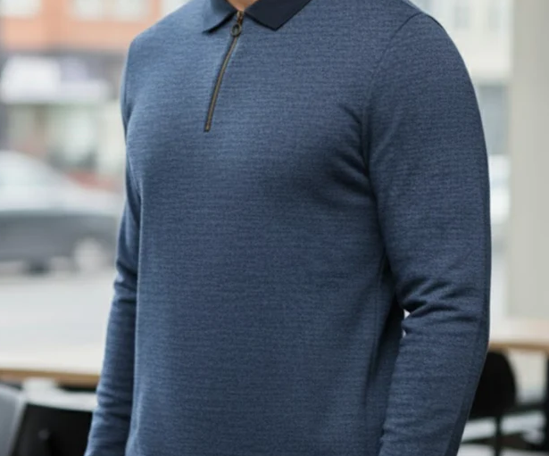 Textured Navy Zip Ribbed Polo T-Shirt