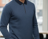 Textured Navy Zip Ribbed Polo T-Shirt