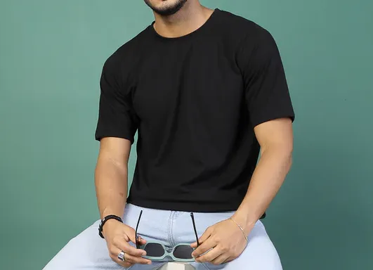 Trendy Oversized Round Neck Jet BlackT-Shirt