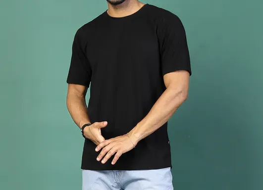 Trendy Oversized Round Neck Jet BlackT-Shirt