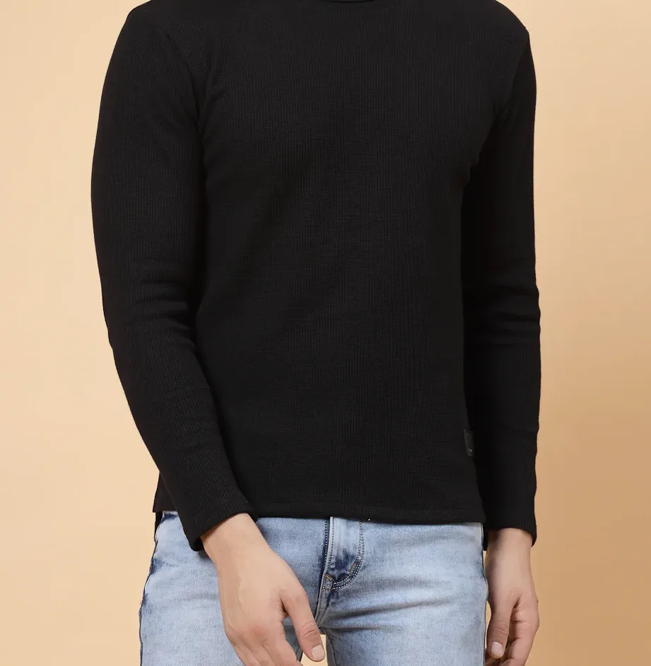 Turtleneck Waffle Black Tee