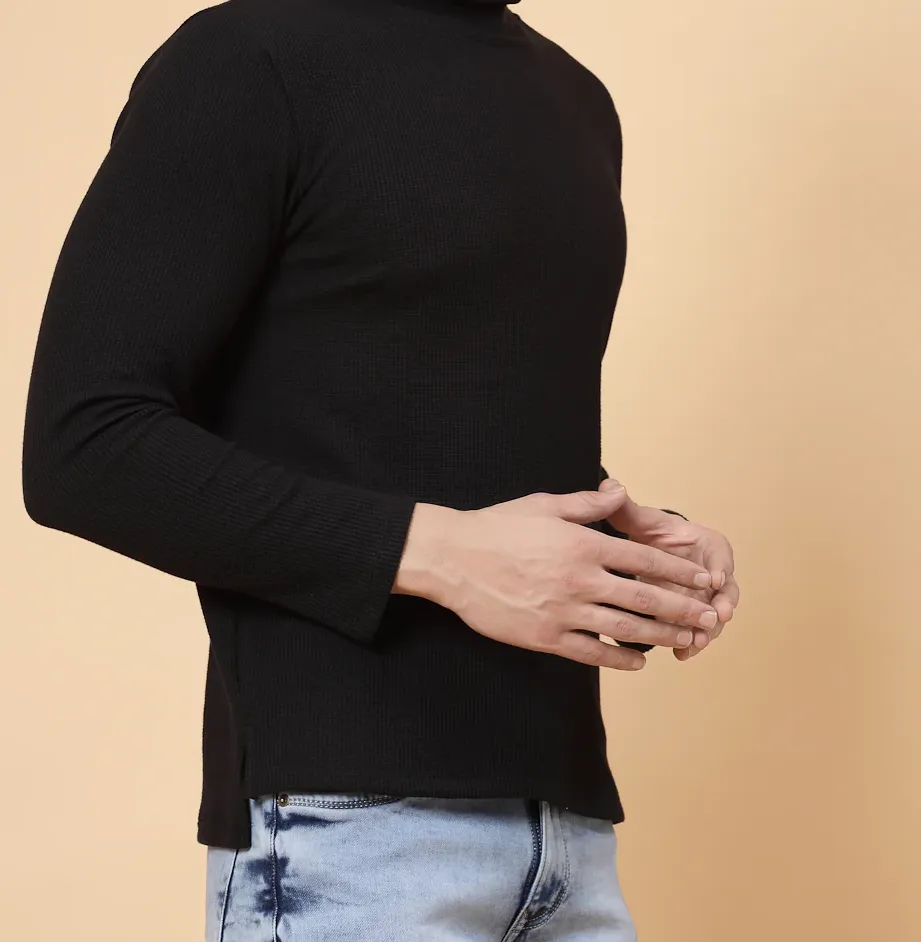 Turtleneck Waffle Black Tee