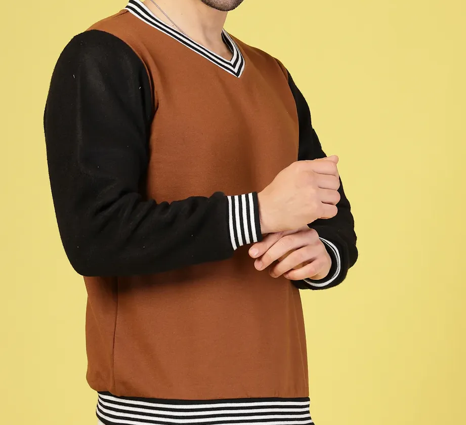 V-Neck Colorblock Camel Brown Sweatshirt