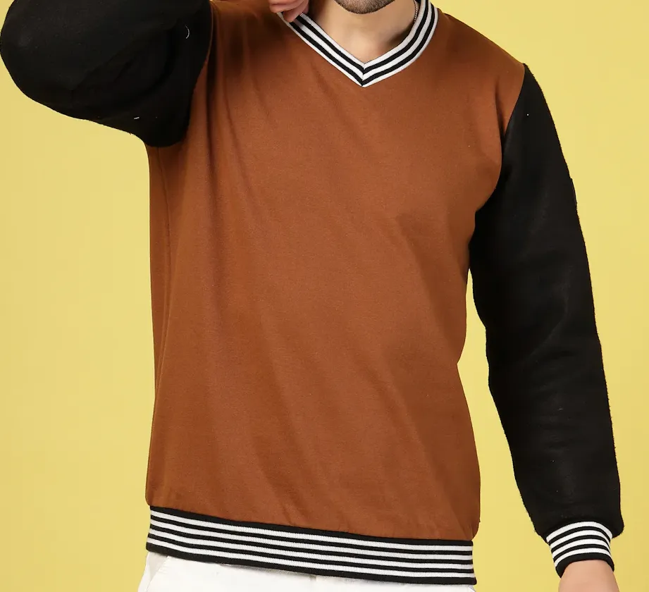 V-Neck Colorblock Camel Brown Sweatshirt