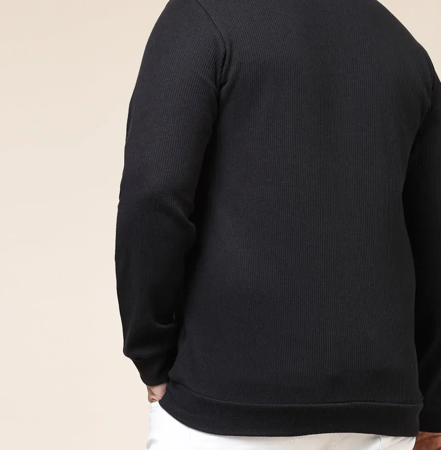 Waffle Henley Zip Jet Black Tee for Men