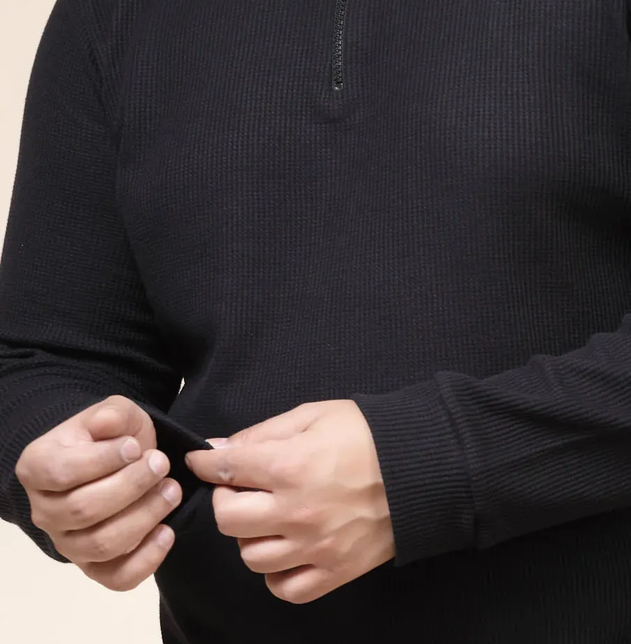 Waffle Henley Zip Jet Black Tee for Men
