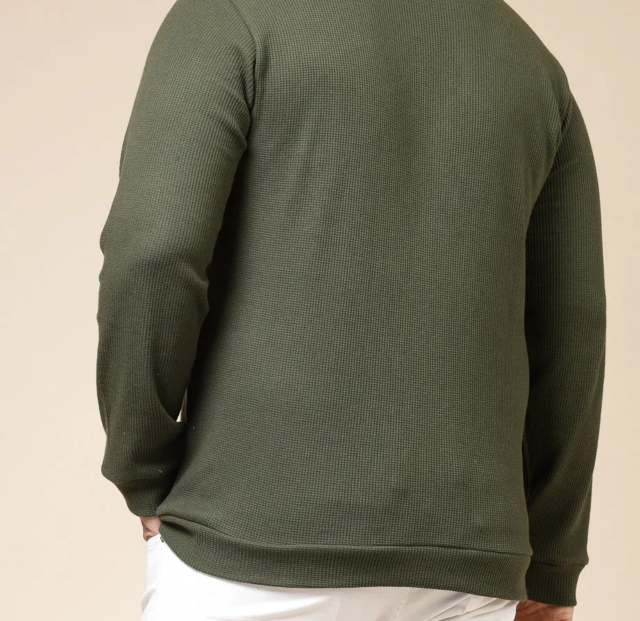 Waffle Henley Zip Olive Green Tee for Men