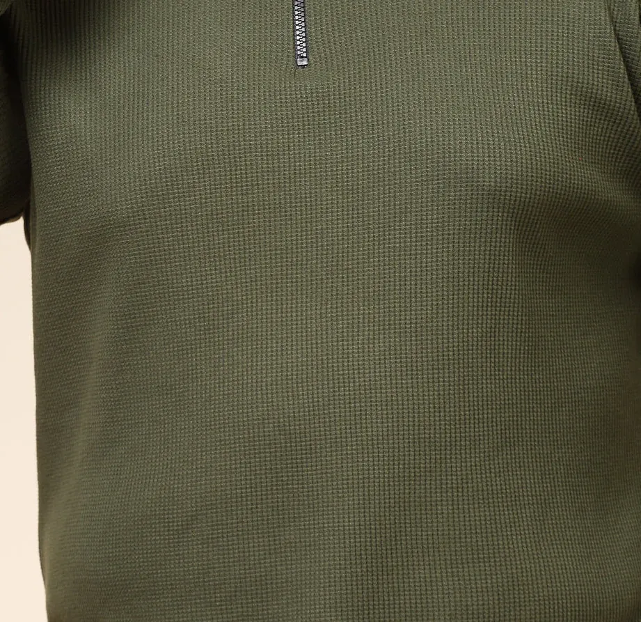 Waffle Henley Zip Olive Green Tee for Men