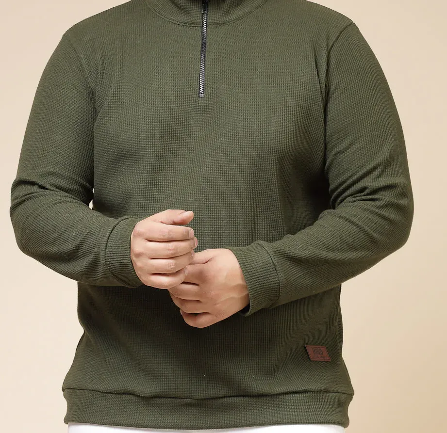 Waffle Henley Zip Olive Green Tee for Men