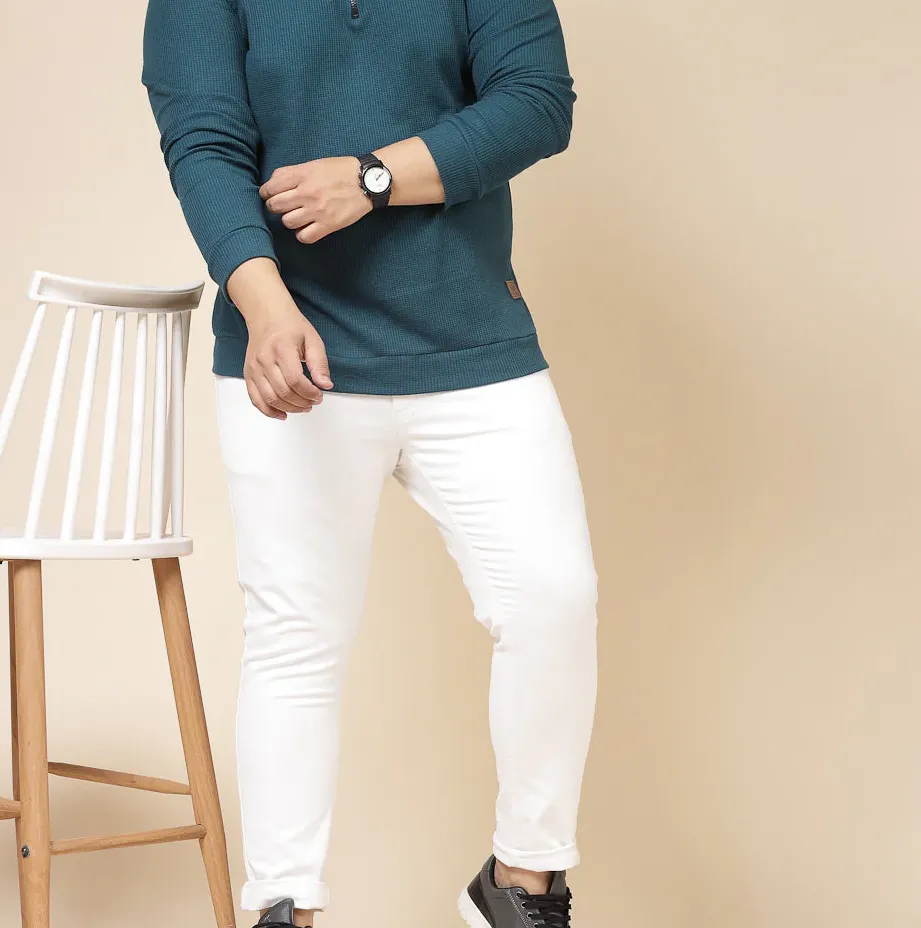 Waffle Henley Zip Teal Green Tee for Men