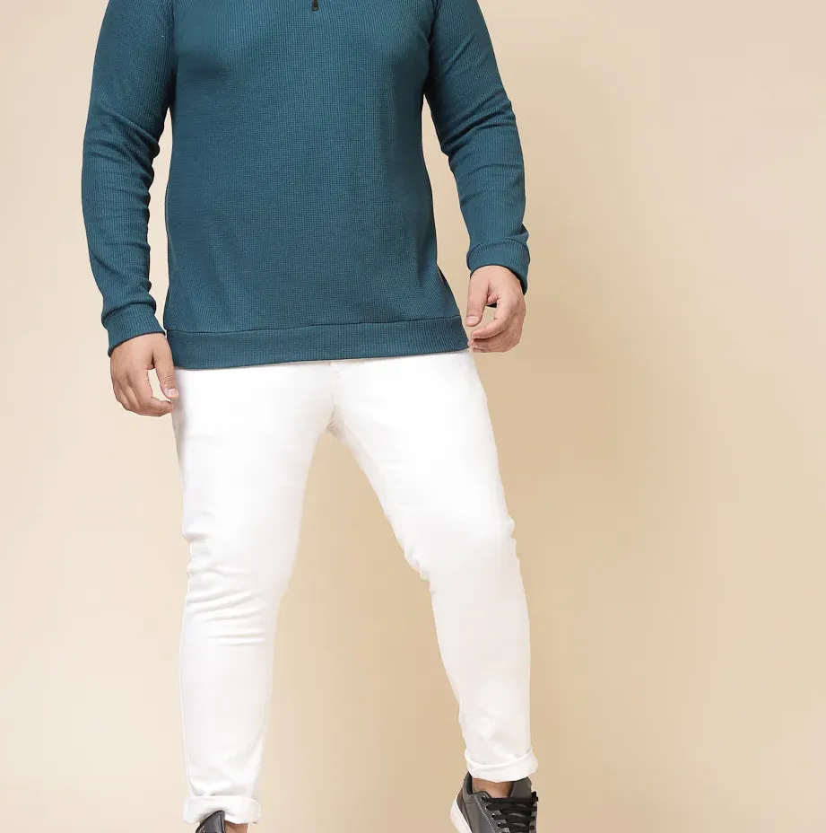 Waffle Henley Zip Teal Green Tee for Men