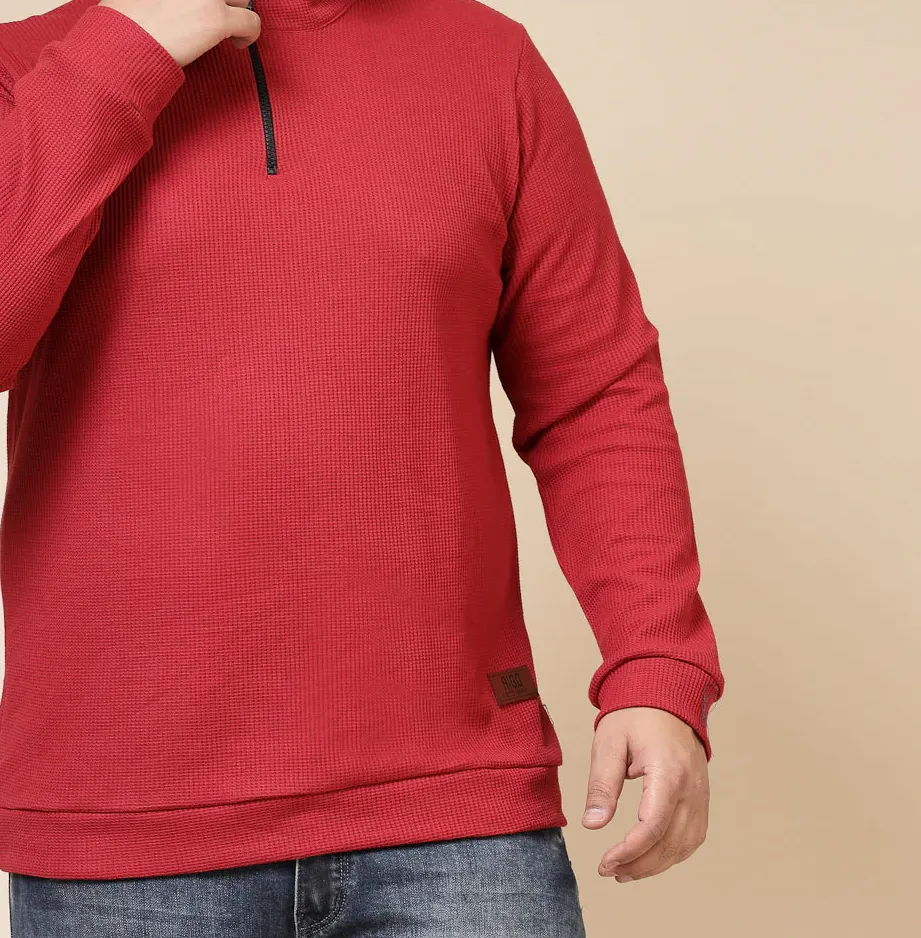 Waffle Henley Zip Wine Tee for Men