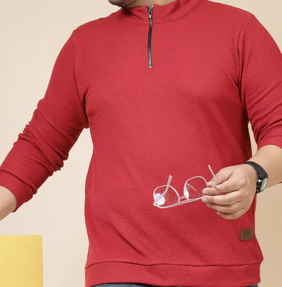 Waffle Henley Zip Wine Tee for Men