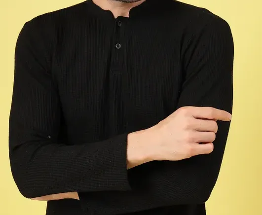 Waffle Knit Chinese Collar Jet Black T-Shirt