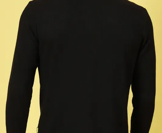 Waffle Knit Chinese Collar Jet Black T-Shirt