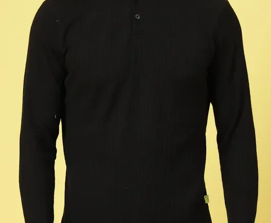 Waffle Knit Chinese Collar Jet Black T-Shirt