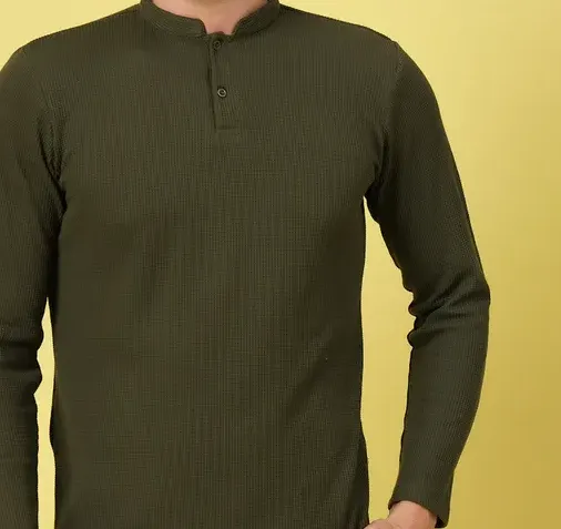 Waffle Knit Chinese Collar Olive GreenT-Shirt