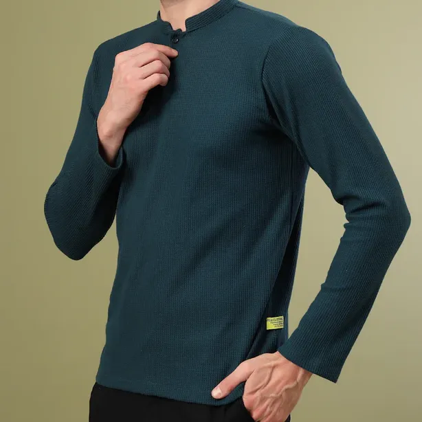 Waffle Knit Chinese Collar Teal Green T-Shirt