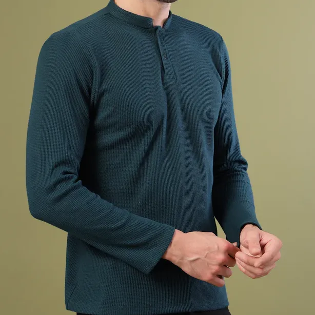 Waffle Knit Chinese Collar Teal Green T-Shirt