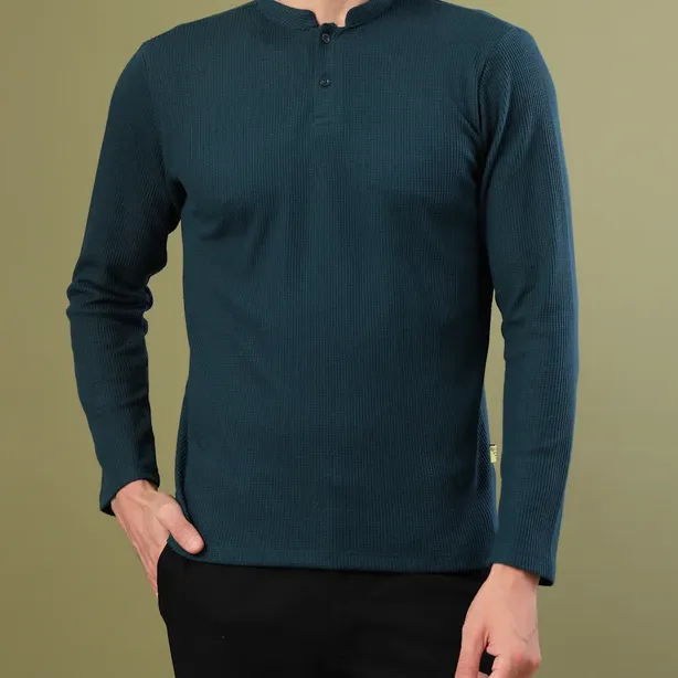 Waffle Knit Chinese Collar Teal Green T-Shirt