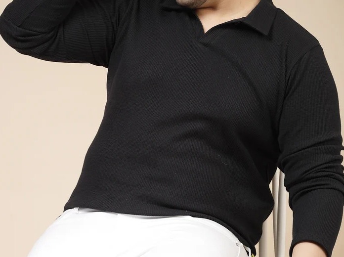 Waffle Knit Cuban Collar Jet Black T-Shirt