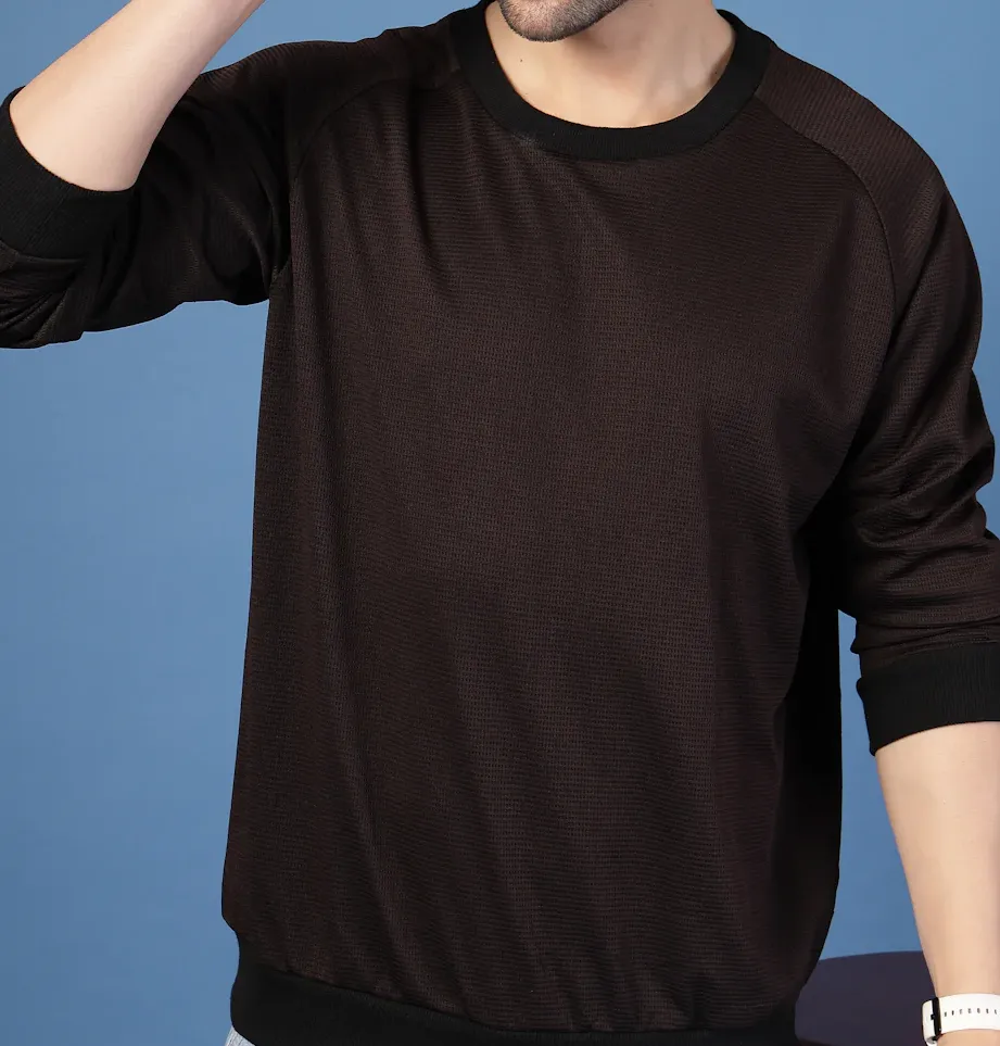 Waffle Knit Round Neck Dark Brown Sweatshirt