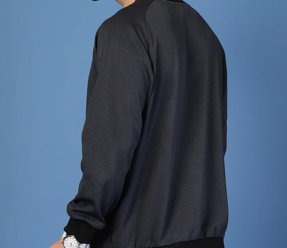 Waffle Knit Round Neck Dark Grey Sweatshirt