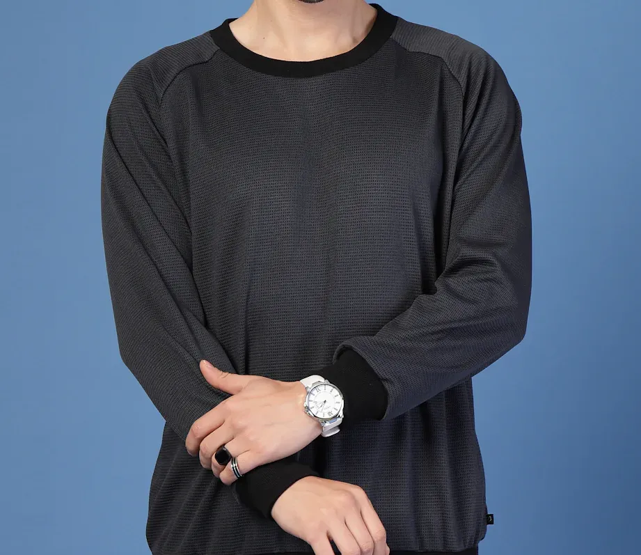 Waffle Knit Round Neck Dark Grey Sweatshirt