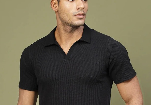 Waffle Weave Solid Polo Jet Black T-shirt
