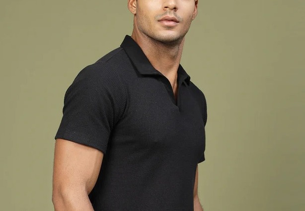 Waffle Weave Solid Polo Jet Black T-shirt