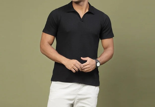 Waffle Weave Solid Polo Jet Black T-shirt